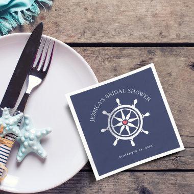 Nautical Wheel Navy Blue Bridal Shower Paper Napkins