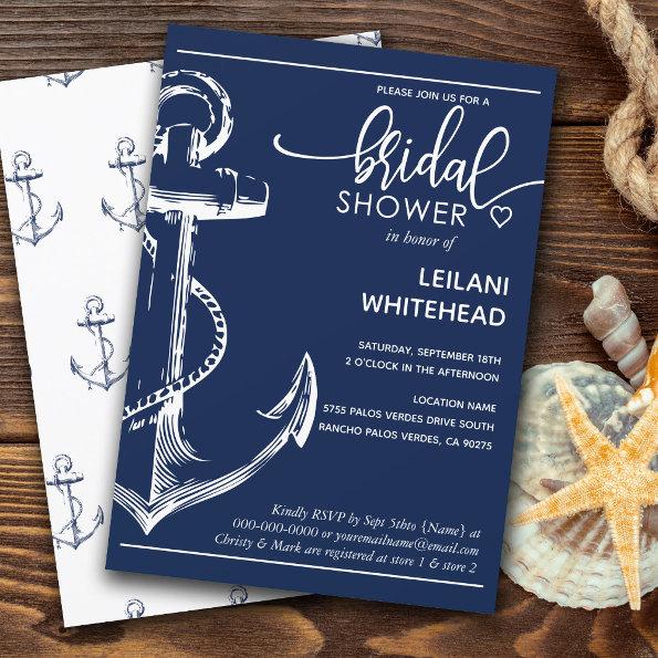 Nautical White Anchor Bridal Shower Navy Invitations
