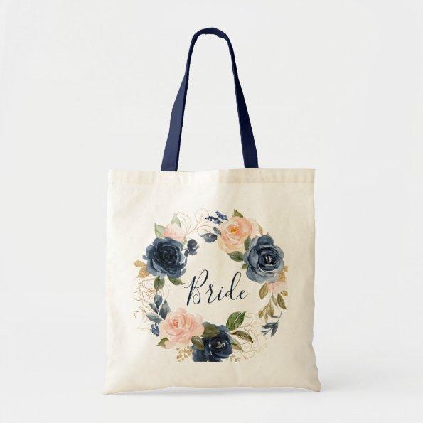 Navy and blush floral bride tote bag
