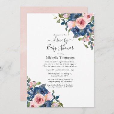 Navy and Blush Floral Drive By Shower Invitations