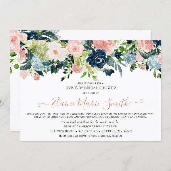Navy and Blush Floral Drive Thru Bridal Shower Invitations