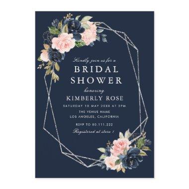 Navy and blush floral geometric silver Invitations