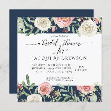 Navy and Blush Ivory Roses Floral Bridal Shower Invitations