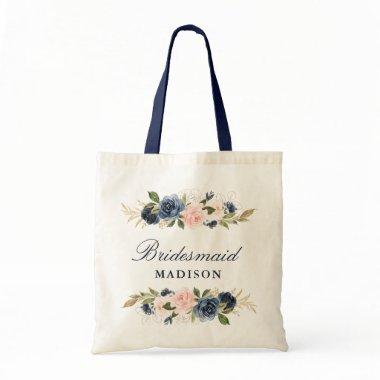 Navy and blush pink floral bridesmaid tote bag