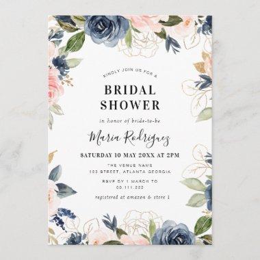 navy and blush pink flowers bridal shower Invitations