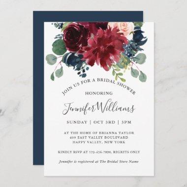 Navy and Burgundy Watercolor Floral Bridal Shower Invitations