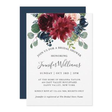 Navy and Burgundy Watercolor Floral Bridal Shower Invitations