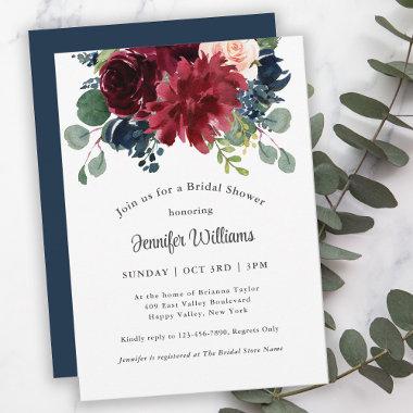 Navy and Burgundy Watercolor Floral Invitations