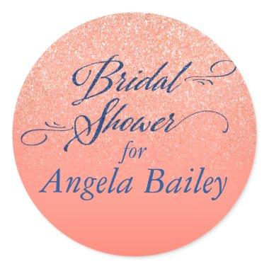 Navy and Coral Glitterati Bridal Shower Classic Round Sticker