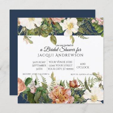 Navy and Coral Ivory Roses Floral Bridal Shower Invitations