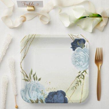 navy and dusty blue flowers greenery paper plates