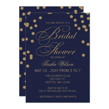 Navy and Gold Glitter Confetti Bridal Shower Invitations