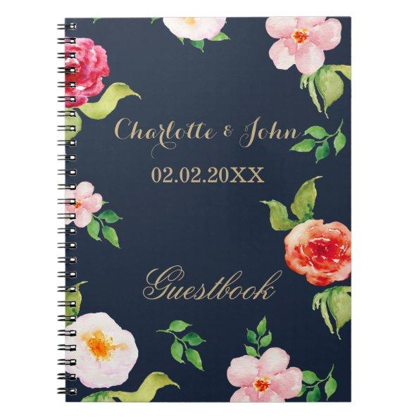 navy and gold watercolor flowers wedding notebook