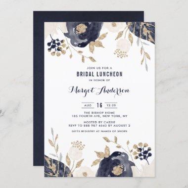 Navy and Ivory Flowers Gold Foil Bridal Luncheon Invitations