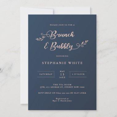 Navy and Pink Foliage Brunch & Bubbly Invitations