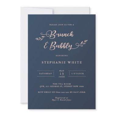 Navy and Pink Foliage Brunch & Bubbly Invitations