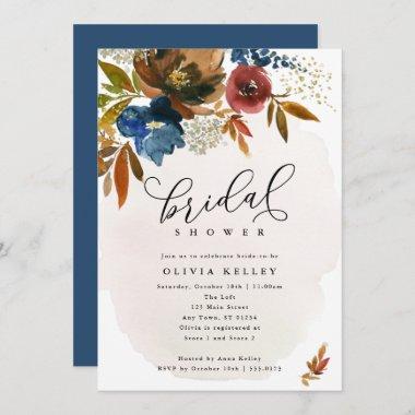 Navy and Rust Boho Flowers Bridal Shower Invitations