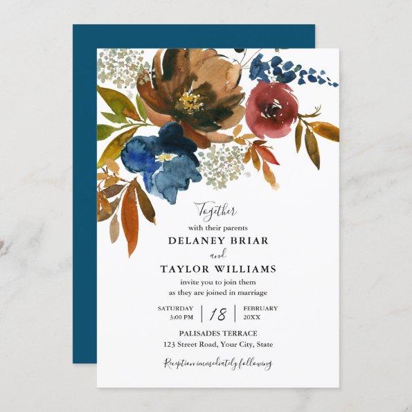 Navy and Rust Watercolor Flowers Wedding Invitations