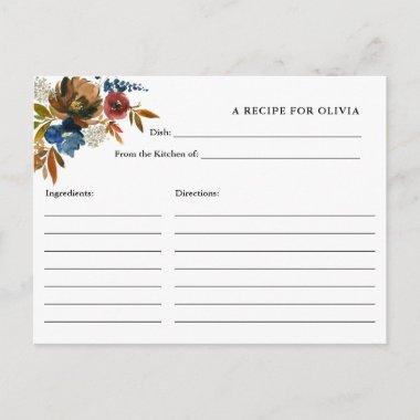 Navy and Rust Watercolor Flowers White Recipe Invitations