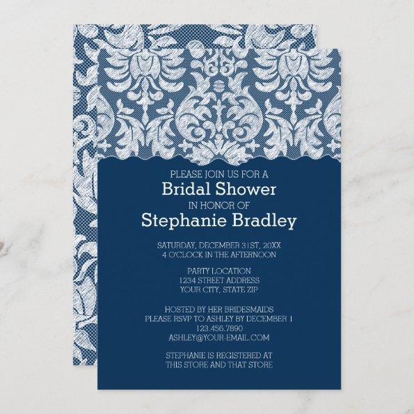 Navy and White Lace Damask Pattern Bridal Shower Invitations
