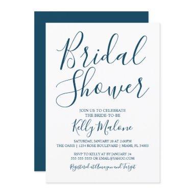 Navy and White Script Bridal Shower Invitations