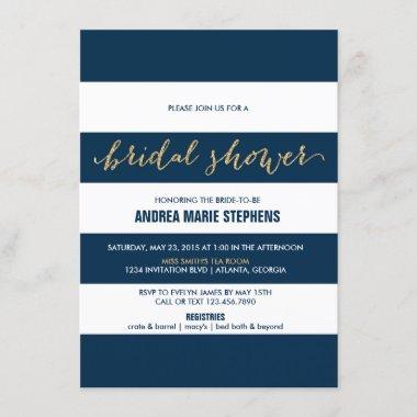 Navy and White Stripes Gold Glitter Bridal Shower Invitations