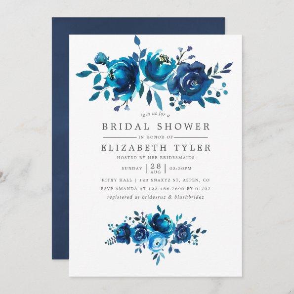 Navy and White Watercolor Floral Bridal Shower Invitations