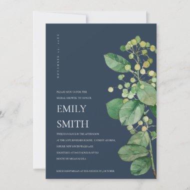 NAVY BERRY LEAVES FOLIAGE BRIDAL SHOWER INVITE