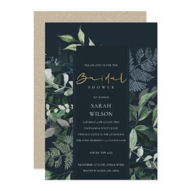 Navy Black Green Leafy Fauna Bridal Shower Invite