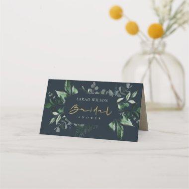 Navy Black Green Leafy Foliage Bridal Shower Place Invitations