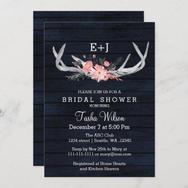 Navy Blooming Antlers Country Chic Bridal Shower Invitations