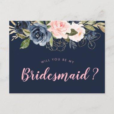 navy blossom pink will you be my Bridesmaid Invitations