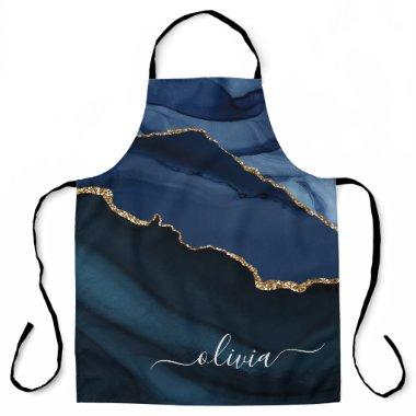 Navy Blue Agate Geode Gold Monogram Apron