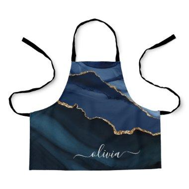 Navy Blue Agate Geode Gold Monogram Apron