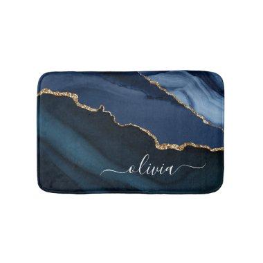 Navy Blue Agate Geode Gold Monogram Bath Mat
