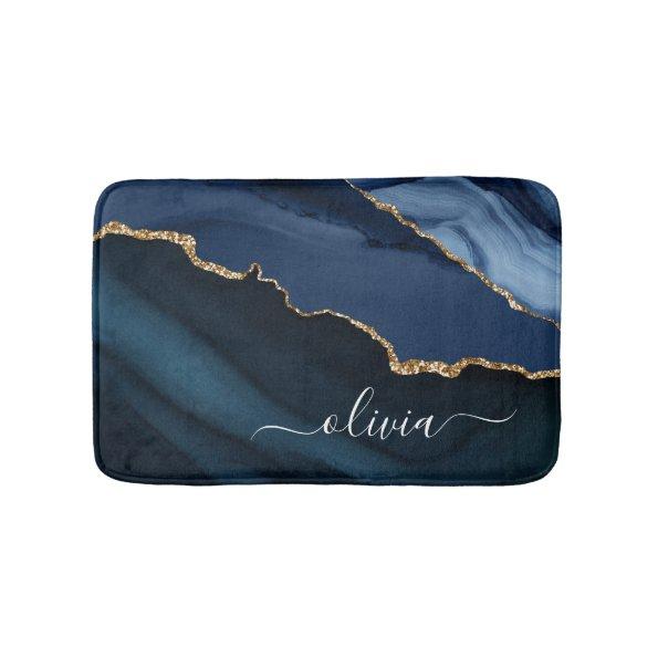 Navy Blue Agate Geode Gold Monogram Bath Mat