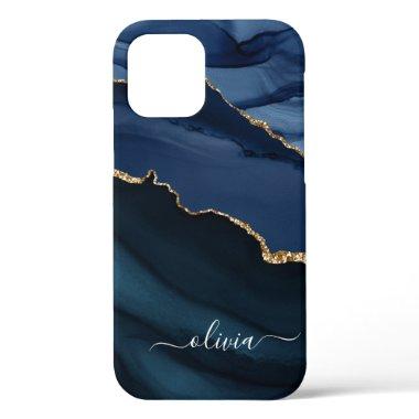 Navy Blue Agate Geode Gold Monogram Case-Mate iPho iPhone 12 Case