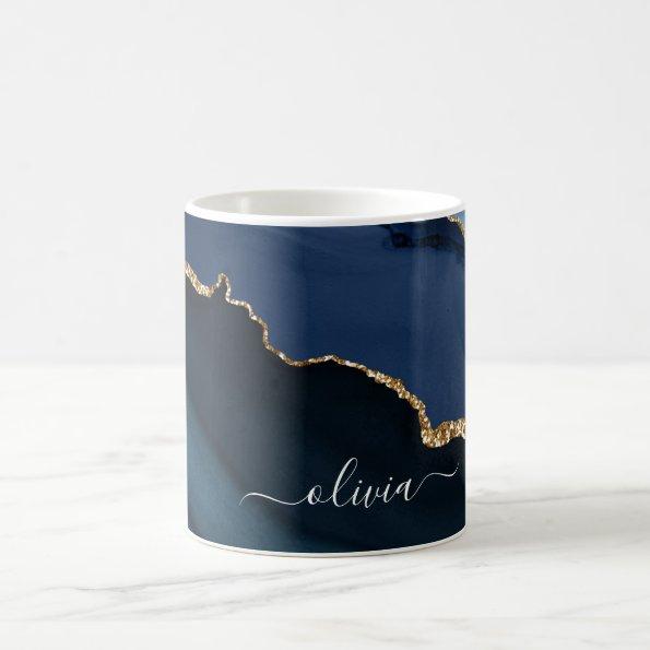 Navy Blue Agate Geode Gold Monogram Coffee Mug