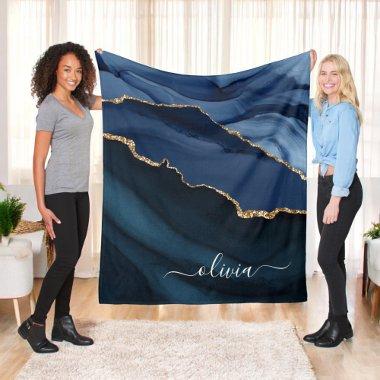 Navy Blue Agate Geode Gold Monogram Fleece Blanket