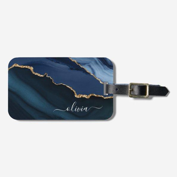 Navy Blue Agate Geode Gold Monogram Luggage Tag