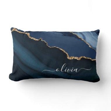 Navy Blue Agate Geode Gold Monogram Lumbar Pillow