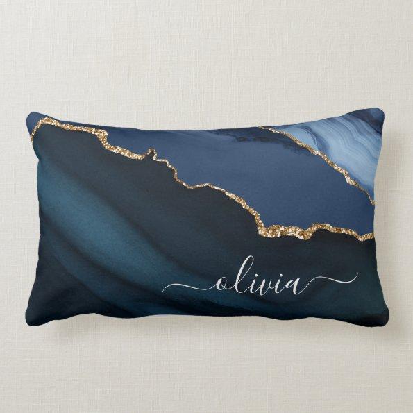 Navy Blue Agate Geode Gold Monogram Lumbar Pillow