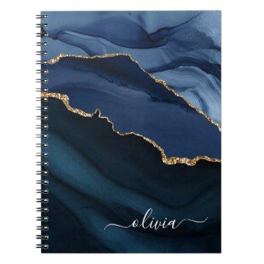 Navy Blue Agate Geode Gold Monogram Notebook
