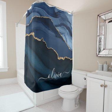 Navy Blue Agate Geode Gold Monogram Shower Curtain