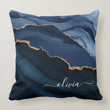 Navy Blue Agate Geode Gold Monogram Throw Pillow