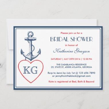 Navy Blue Anchor and Love Bridal Shower Invitations