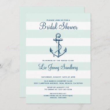 Navy Blue Anchor & Mint Stripes Bridal Shower Invitations