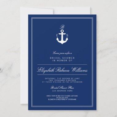 Navy Blue Anchor Monogram Bridal Shower Invite