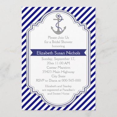 Navy blue anchor nautical wedding bridal shower Invitations