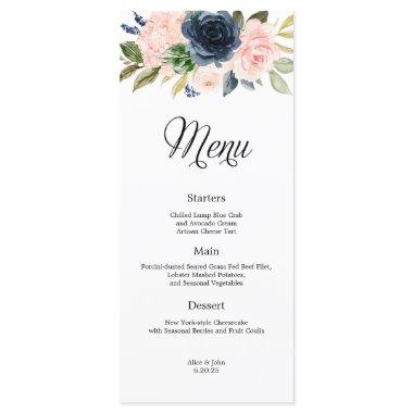 Navy Blue and Blush Floral Wedding Menu